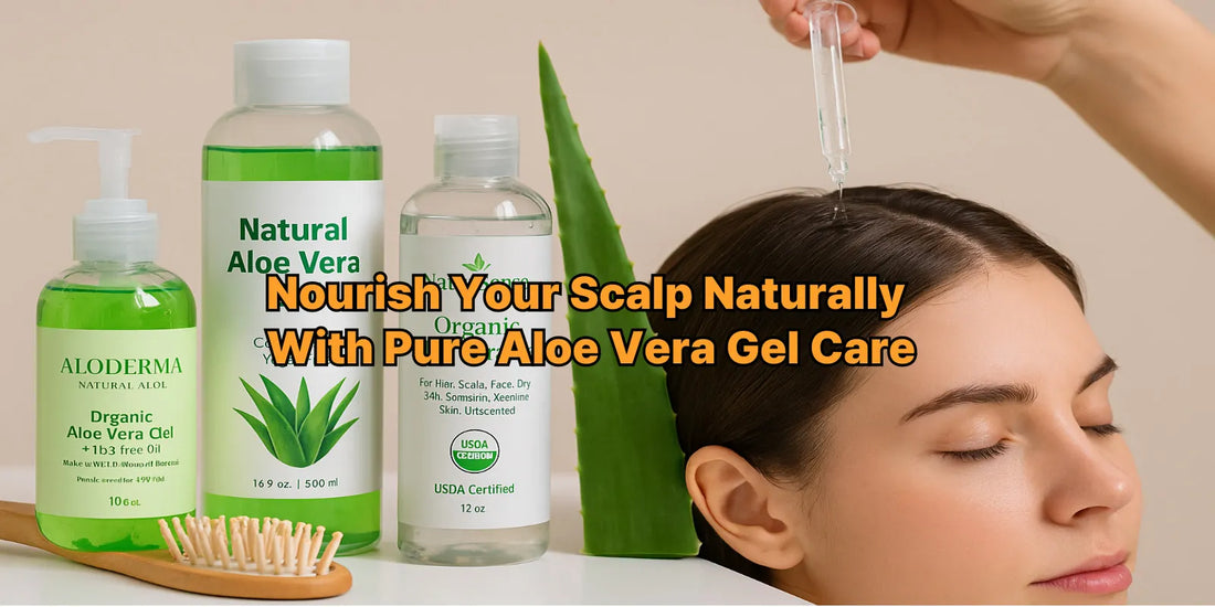 Aloe vera gel bottles arranged with a wooden brush and a woman receiving a calming scalp treatment using a glass dropper. Natural scalp care scene.