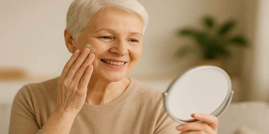 A smiling senior woman applies skincare cream while holding a mirror, highlighting safe and natural skincare routines for over 50.