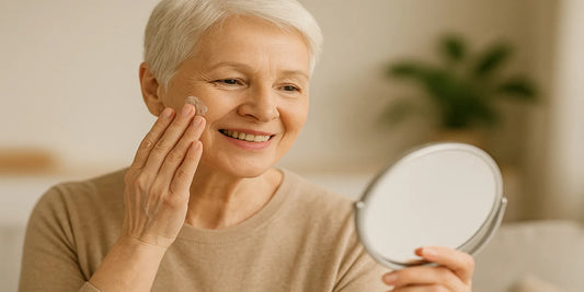A smiling senior woman applies skincare cream while holding a mirror, highlighting safe and natural skincare routines for over 50.