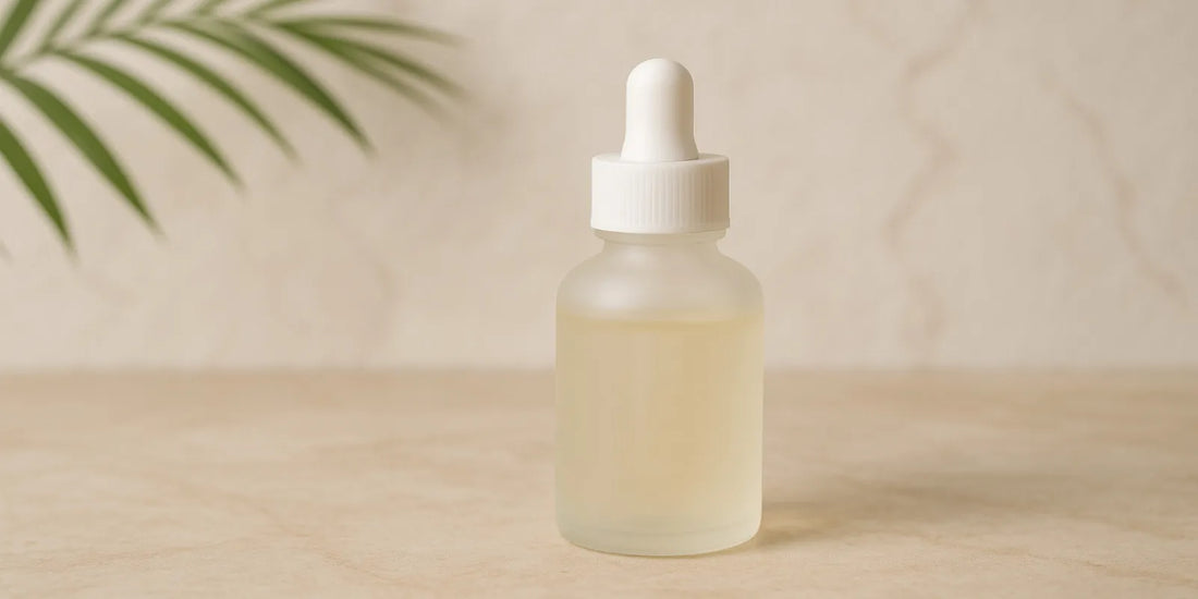 Frosted glass dropper bottle with pale yellow serum on a marble surface, softly lit with a palm leaf in the background for a clean skincare look.