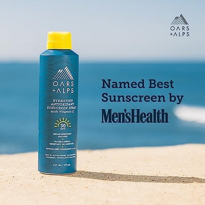 Oars + Alps Sunscreen Spray for Face & Body, SPF 30 Spray Sunscreen Infused with Vitamin C & Antioxidants, No White Residue, Water & Sweat Resistant, All Skin Types, Lightweight, Hydrating, 6oz, 1pk