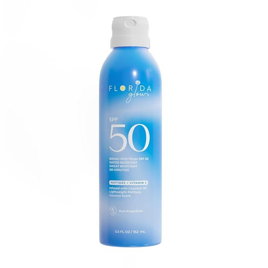 Florida Glow SPF 50 Sunscreen Spray - Hawaii 104 Reef Act & Florida Keys Compliant, Broad Spectrum, Water Resistant Sport Sun screen - Child Friendly PABA-Free & Oxybenzone Free (5.5 Fl Oz 1-Pack)