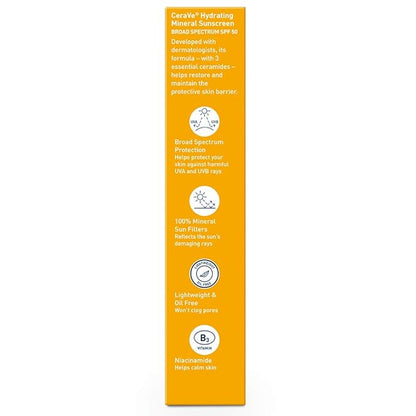 CeraVe 100% Mineral Sunscreen SPF 50 | Face sunscreen With Zinc Oxide & Titanium Dioxide | Hyaluronic Acid + Niacinamide + Ceramides | Oil Free Sunscreen For Face | Travel Size Sunscreen 2.5 oz