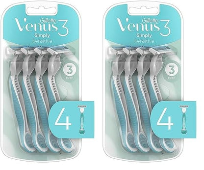 Gillette Venus Simply 3 Sensitive Women's Disposable Razors, Pack of 2 with 4 razors