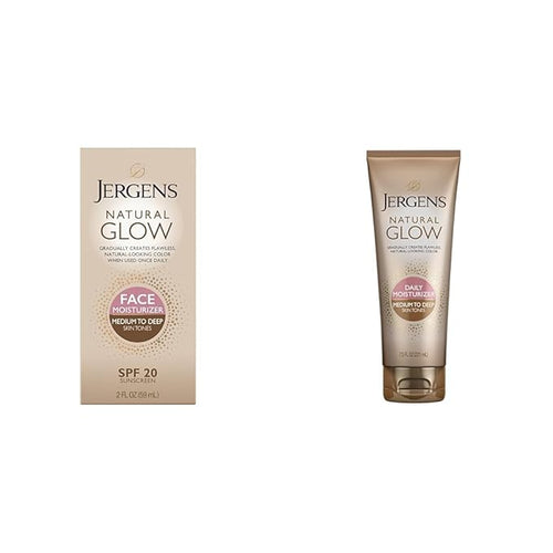 Jergens Natural Glow Self Tanner Face Moisturizer, SPF 20 Facial Sunscreen & Natural Glow Self Tanner Lotion, Daily Sunless Fake Tanning, Medium to Deep Skin Tone