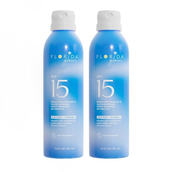 Florida Glow SPF 15 Sunscreen Spray - Hawaii 104 Reef Act & Florida Keys Compliant, Broad Spectrum - Water Resistant, Sport Sun screen - Child Friendly Oxybenzone & Octinoxate Free (5.5 Fl Oz 2-pack)
