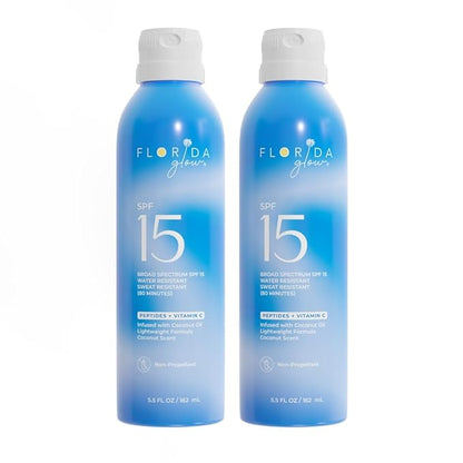 Florida Glow SPF 15 Sunscreen Spray - Hawaii 104 Reef Act & Florida Keys Compliant, Broad Spectrum - Water Resistant, Sport Sun screen - Child Friendly Oxybenzone & Octinoxate Free (5.5 Fl Oz 2-pack)