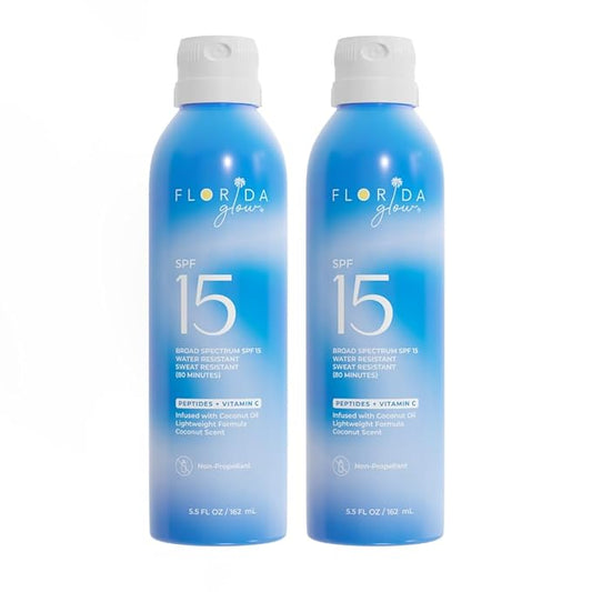 Florida Glow SPF 15 Sunscreen Spray - Hawaii 104 Reef Act & Florida Keys Compliant, Broad Spectrum - Water Resistant, Sport Sun screen - Child Friendly Oxybenzone & Octinoxate Free (5.5 Fl Oz 2-pack)
