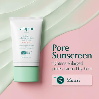 Rataplan Minari Calming Poreless Sun Cream SPF 50+ PA++++ 1.69fl.oz - Mineral Sunscreen, Korean Sunscreen for Face, Pore Minimizer for Face, Reef Safe, Broad Spectrum, Korean Skincare