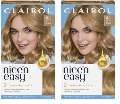 Clairol Nice'n Easy Permanent Hair Dye, 8A Medium Ash Blonde Hair Color, Pack of 2
