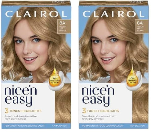 Clairol Nice'n Easy Permanent Hair Dye, 8A Medium Ash Blonde Hair Color, Pack of 2
