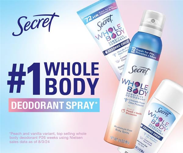 Secret Whole Body Deodorant Cream for Women, Peach & Vanilla Blossom Scent, Aluminum Free Deodorant, 72 HR Odor Protection, 3.0 oz