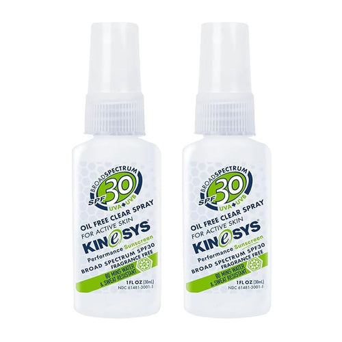 KINeSYS Fragrance Free Clear Spray Sunscreen for sensitive skin, SPF 30, Hypoallergenic, Broad Spectrum UVA/UVB protection for Body, Alcohol, PABA and Oxybenzone FREE, 170+ Sprays, 1 Fl Oz (Pack of 2)