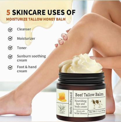 Beef Tallow For Skin – Natural Tallow and Honey Balm Face Moisturizer, Organic Grass-Fed Tallow, Deeply Nourishing Whipped Skin Balm for Face & Body, Moisturizing Cream for Dry Skin