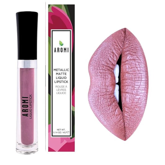 Aromi Metallic Liquid Lipstick | Smear and Smudge Proof, Long-lasting, Waterproof, Dusty Rose Lip Color with Shimmery Finish, Gluten and Paraben Free (Pixie Dust)