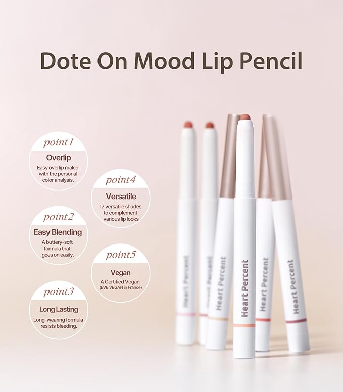 Heart Percent Dote On Mood Lip Pencil, Long-Lasting Creamy Lip Crayon Smooth Color Liner Retractable Lipstick Pencil 0.8g, #14. Calm Pink