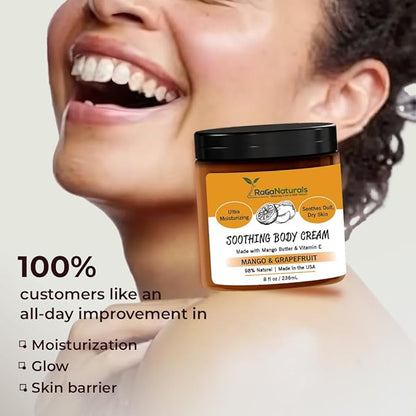 RaGaNaturals Natural Mango Butter Body Cream for Dry Skin for Women, Men - Tropical Plant-Based Hydrating Moisturizer with Avocado Oil and Vitamin E - Non-Greasy, Vegan, Cruelty-Free, Smell Good -8 Oz