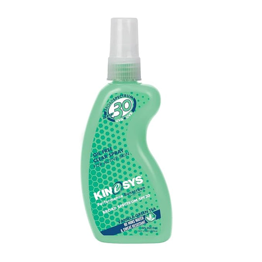 KINeSYS Performance Sunscreen Vanilla-Green Tea Scented Clear Spray Sunscreen, SPF 30, Hypoallergenic, Broad Spectrum UVA/UVB protection for Face & Body; Vegan, 700+ Sprays, 4 Fl Oz/120 mL