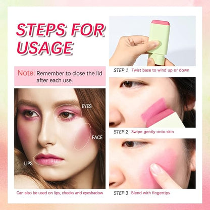 Multi-Use Cream Blush Stick,2-in-1 On-the-Go Blush for Cheek and Lip Tint,Waterproof Hydrating Tinted Solid Moisturizer Blendable Natural Grow Nude Face Blush Makeup,01 shy pink