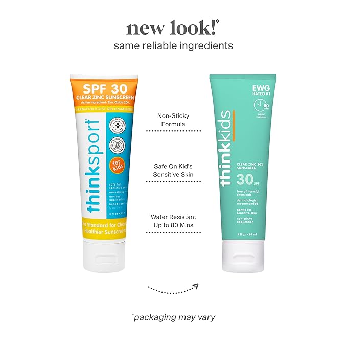 Thinkkids Mineral Sunscreen, SPF 30 Clear Zinc Oxide Sunscreen, 3 Fl Oz, Natural Reef Safe Sunscreen for Kids, Broad Spectrum UVA/UVB Sun Screen