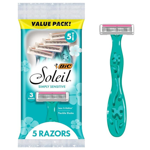 BIC Soleil Simply Sensitive Women's Disposable 3 Blade Razors, Soothing Moisture Strip, 5-Count Pack