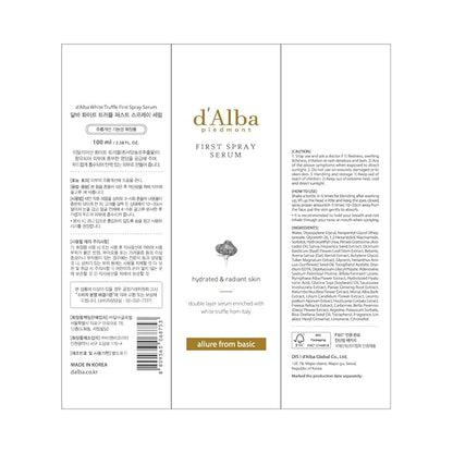 d'alba Piedmont Italian White Truffle First Spray Serum, Vegan Skin Care, Light-weight Face Moisturizer, Glow Serum for Radiant Skin, Non Comedogenic, All In One Mist, Korean Skin Care (3.38 fl oz.)