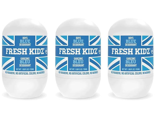 Fresh Kidz Roll On Deodorant for Kids and Teens - Baking Soda and Aluminum-free 24 Hour Protection for Sensitive Skin - Boys "Blue" 1.86 fl.oz. (3 Pack)