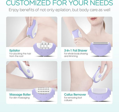 Epilator for Women-Cordless Epilators Hair Removal for Women, 4-in-1 Electric Razor Hair Remover, 2 Speeds & 21 Tweezers for Face Legs Arms Armpit Bikini, Purple HR310