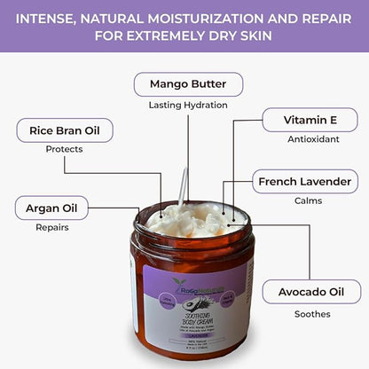 RaGaNaturals Natural Face and Body Butter Cream for Dry Skin - Calming, Nourishing & Hydrating Lavender Body Cream for Women, Men & Kids - Softens Skin and Delivers Healthy-Looking Glow - Vegan - 8 Oz