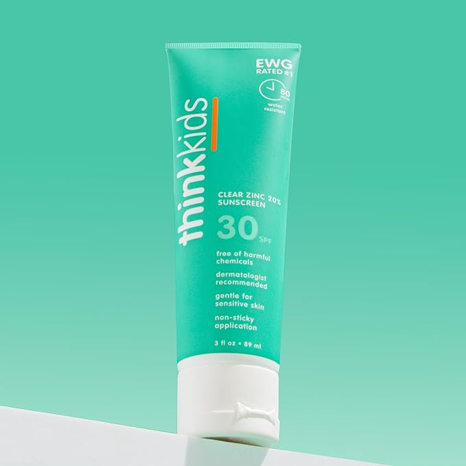 Thinkkids Mineral Sunscreen, SPF 30 Clear Zinc Oxide Sunscreen, 3 Fl Oz, Natural Reef Safe Sunscreen for Kids, Broad Spectrum UVA/UVB Sun Screen