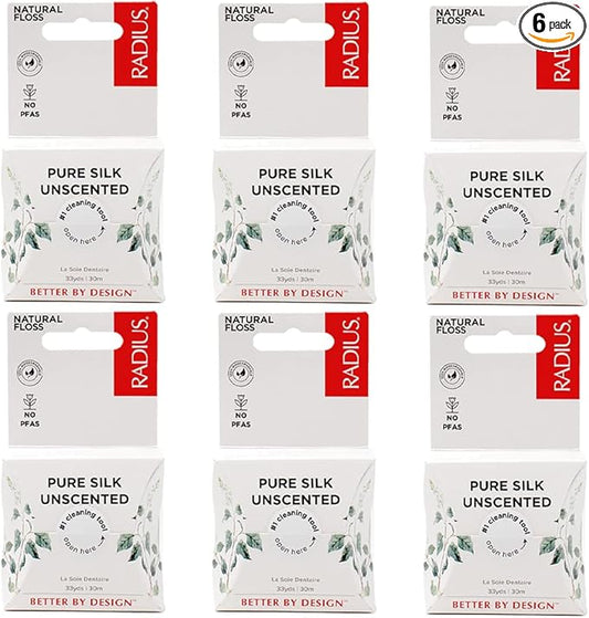 RADIUS Dental Floss, Natural Floss, Unscented Silk, 33 Yards, Compostable & Non-Toxic Oral Care Designed to Help Fight Plaque, Pack of 6