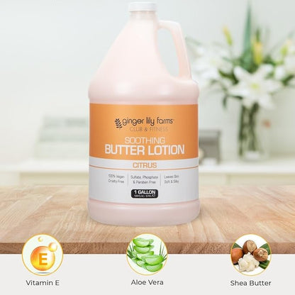 Ginger Lily Farms Club & Fitness Soothing Butter Lotion for Dry Skin, 100% Vegan & Cruelty-Free, Citrus Scent, 1 Gallon (128 fl oz) Refill