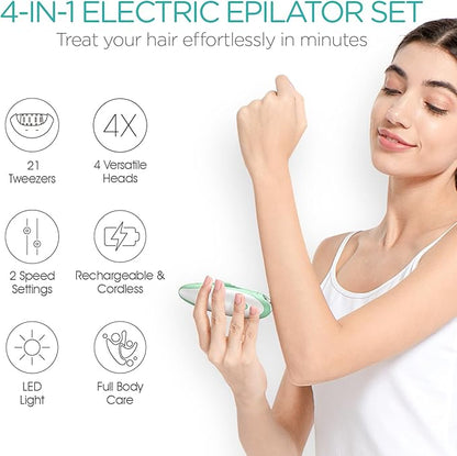 Epilator for Women-Cordless Epilators Hair Removal for Women, 4-in-1 Electric Razor Hair Remover, 2 Speeds & 21 Tweezers for Face Legs Arms Armpit Bikini, Green HR310