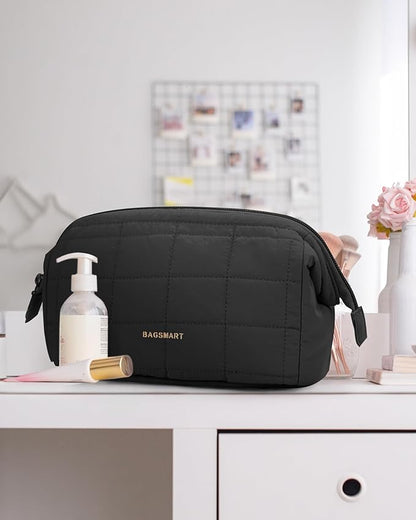 BAGSMART Makeup Bag Travel Toiletry Bag, Puffy Padded Make Up Bags for Women Makeup Organizer Case, Wide-open Pouch Purse Travel Essentials Toiletries Accessories Brushes, Black