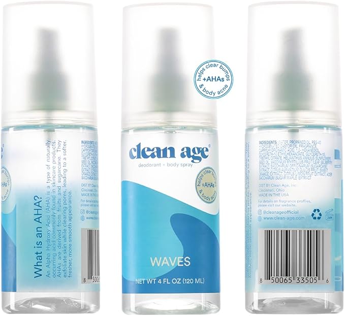 Aluminum Free Deodorant & Body Spray for Whole Body - Waves 4oz - Clean Deodorant and Body Spray for Teen Boys and Girls - With AHA For Body Acne - Body Spray for Teens Formula