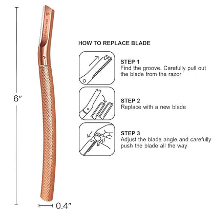 Eyebrow Razor with 6 Blades & Travel Case – Face Razors for Women & Men, Eyebrow Trimmer Shaper with Precision Cover, Facial Shaver & Dermaplaning Tool for Smooth Skin (Rose Gold)