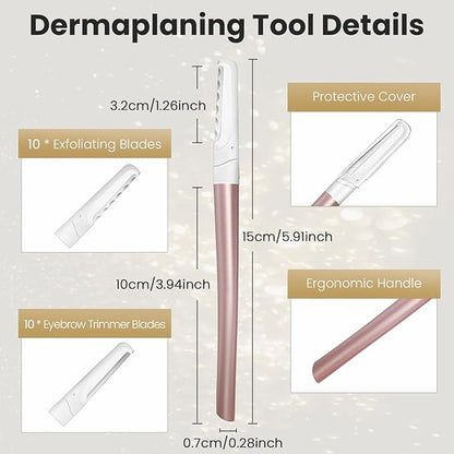 Dermaplaning Tool for Face Exfoliation, with 20 Replaceable Blades, Facial Shaver/Eyebrow Razor, Peach Fuzz Removal Eyebrow Shaper for Women, Easy to Use Dermaplaner Help Exfoliate and Smooth Skin