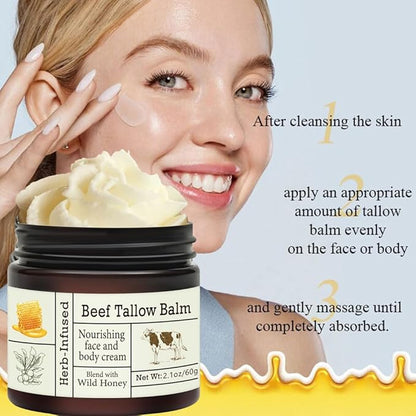 Beef Tallow For Skin – Natural Tallow and Honey Balm Face Moisturizer, Organic Grass-Fed Tallow, Deeply Nourishing Whipped Skin Balm for Face & Body, Moisturizing Cream for Dry Skin