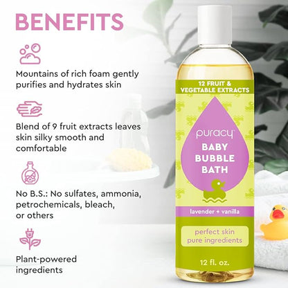 Puracy Bubble Bath for Children, Gently Scented with Real Lavender & Vanilla, 98.75% Natural Baby Bubble Bath, Plant-Based Moisturizers for All Skin Types, Tear-Free for Daily Use, 12 Fl Oz