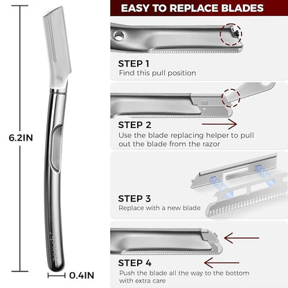 ZOMCHI Eyebrow Razor and Face Razor for Women and Men, Reusable Metal Handle with 11 Refill Blades, Dermaplane Razor with Protective Silicone Cap, Eyebrow Hair Trimmer - Polished Silver