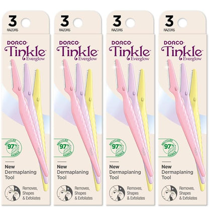 Dorco Tinkle Everglow, 12 Razors (4 Packs of 3), Eco-Friendly Dermaplaning Tool, Multipurpose Eyebrow Razor & Face Shaver