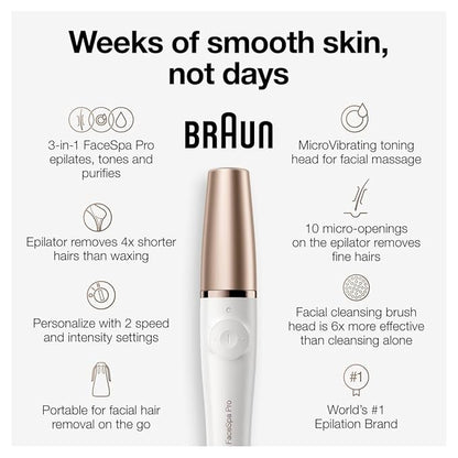 Braun Face Epilator Facespa Pro 911, Facial Hair Removal for Women, Hair Removal Device, 3-in-1 Epilating, Cleansing Brush and Skin Toning with 3 extras