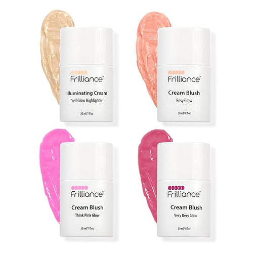 Frilliance Illuminating Cream, Hydrating Highlighter & Blush Vault Bundle, (4 Pack - Rosy Glow, Very Berry, Think Pink, Self-Glow, 30 ml / 1 fl oz each) Cruelty Free Hypoallergenic for All Skin Types