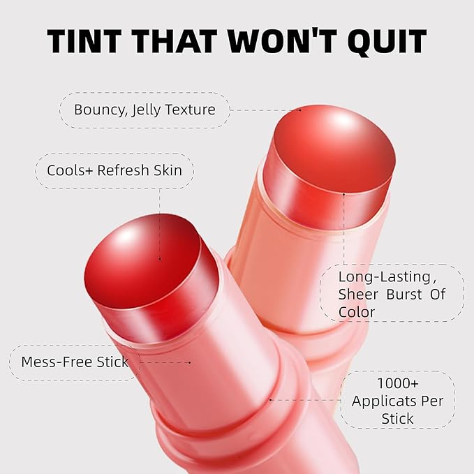 4 PCS Cooling Water Jelly Tint, Makeup Lip Tint Jelly Blush Stick, Jelly Blush Stick Lip Stain, 1,000+ Swipes Per Stick, Vegan, Cruelty Free, Buildable Watercolor Finish (multi-color)