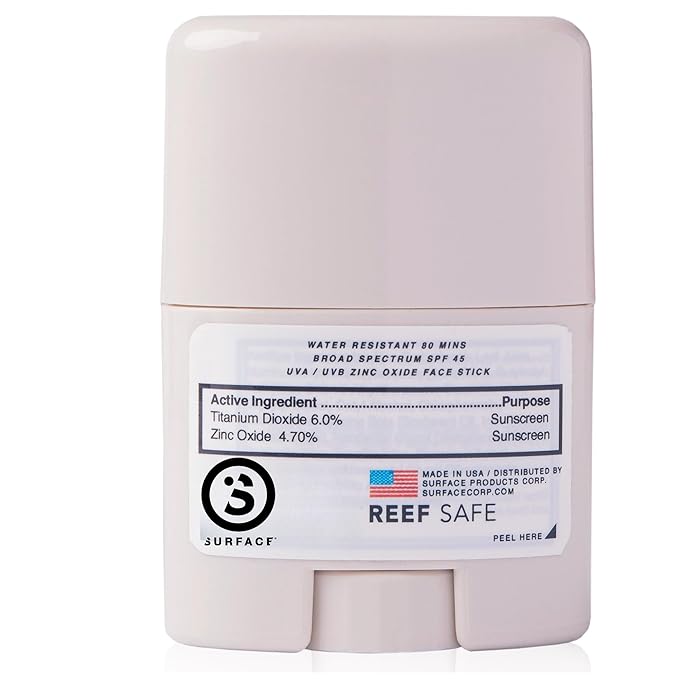 Surface Mineral Face Sunscreen Stick, Water Resistant, UVA/UVB Broad Spectrum, Fast Drying Protection, PABA Free - SPF 45 - CLEAR/WHITE (1 Pack)