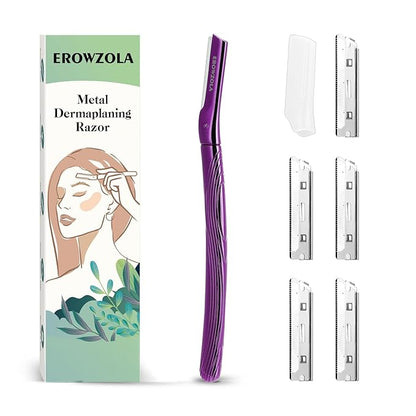 Dermaplane Razor for Women and Men, Eyebrow Razor with Precision Cover, Peach Fuzz Dermaplaning Tool, Exfoliating Facial Razor Reusable Metal Handle with 6 Blades - Purple