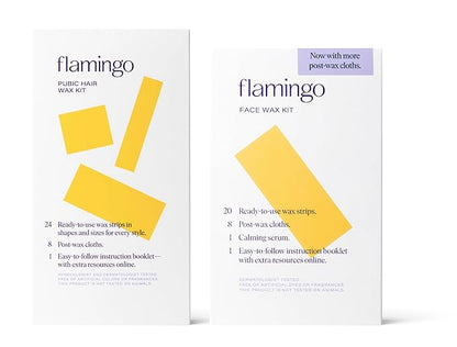 Flamingo Face & Pubic Wax Kit - 44 Wax Strips, 16 Post-Wax Cloths, and Calming Serum - Easy At-Home Hair Removal