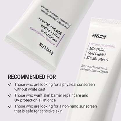ROVECTIN Intense Moisture Sun Cream: Deep Moisturize, Mineral Sunscreen, UV Protector | Panthenol and Tocopherol for Dry, Combination Skin | Vegan Korean Skincare (1.69 fl.oz, 50ml)