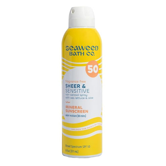 Seaweed Bath Co. Sheer Mineral Sensitive SPF 50 Broad Spectrum Sunscreen Spray, 6 Ounce, Fragrance Free, Sustainably Harvested Seaweed, Sea Lettuce, Aloe