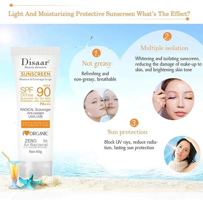 SPF 90 Sunscreen Instant Protection UVA UVB Foundation PA+++ Oil Free Sunblock Cover Protect Perfectly Moisturizing Coverage Surge 40g
